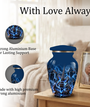 Gothic Electric Guitar Cremation Urn for Ashes, Blue Fantasy Musician Urn, Custom Guitar Urn
