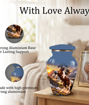 Horse Cremation Urn for Ashes, Rearing Horse Sunset Design, Custom Horse Lover Pet Memorial Urn