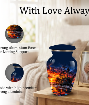 Personalized Pirate Ship Cremation Urn for Ashes, Sunset Ship Adult Memorial Urn