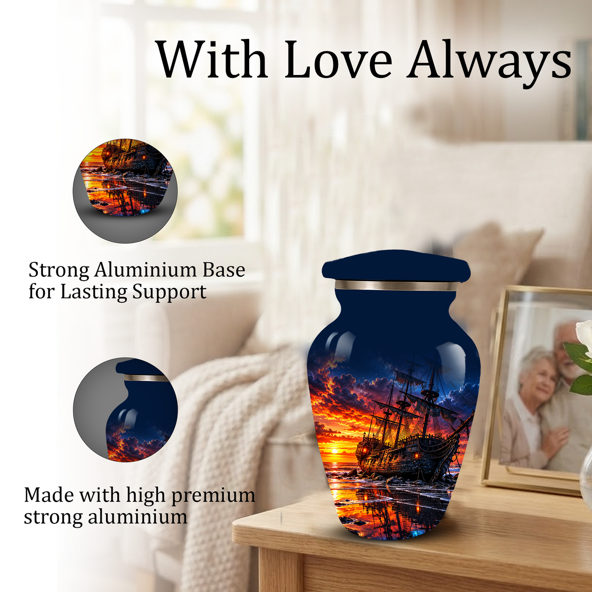 Personalized Pirate Ship Cremation Urn for Ashes, Sunset Ship Adult Memorial Urn