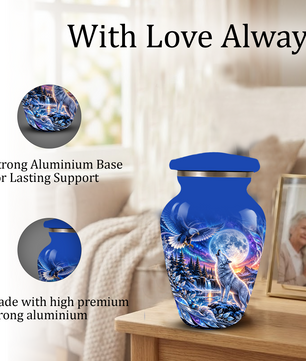 Personalized Adult Cremation Urn for Ashes, Custom Wolf and Eagle Memorial Urn, Blue Moonlight Fantasy Wildlife Design
