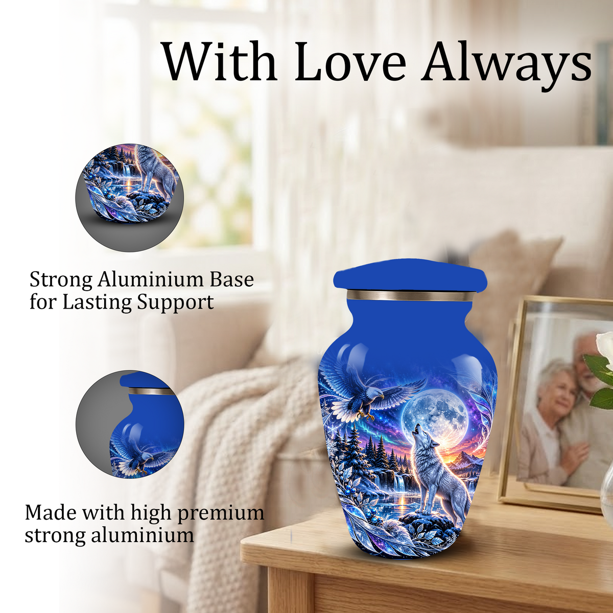 Personalized Adult Cremation Urn for Ashes, Custom Wolf and Eagle Memorial Urn, Blue Moonlight Fantasy Wildlife Design