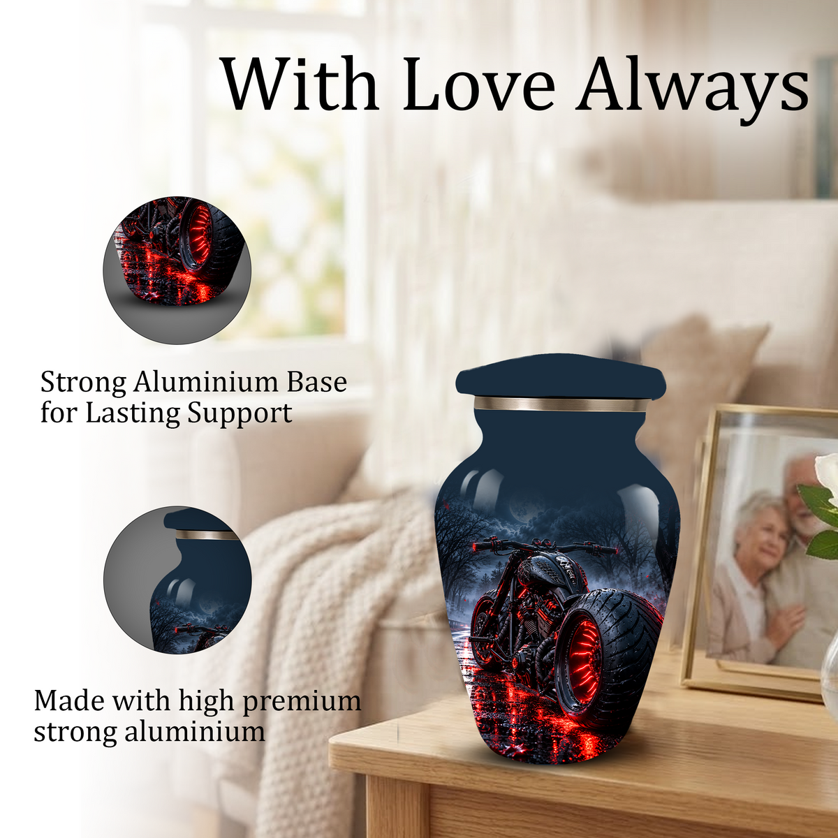 Personalized Adult Cremation Urn for Ashes, Custom Motorcycle Memorial Urn, Black Chopper with Red LED Lights