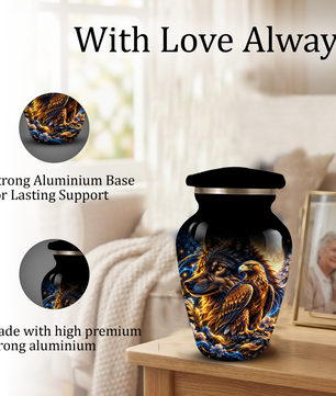 Wolf and Eagle Cremation Urn for Adult Ashes, Black Memorial Urn with Golden Eagle, Majestic Wolf and Celestial Artwork