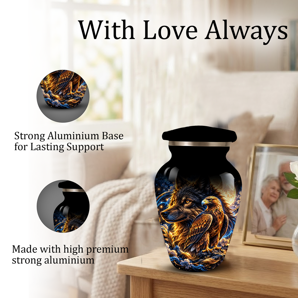 Wolf and Eagle Cremation Urn for Adult Ashes, Black Memorial Urn with Golden Eagle, Majestic Wolf and Celestial Artwork