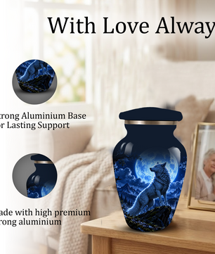 Personalized Adult Cremation Urn for Ashes, Custom Blue Wolf Moon Memorial Urn, Wildlife Cremation Urn