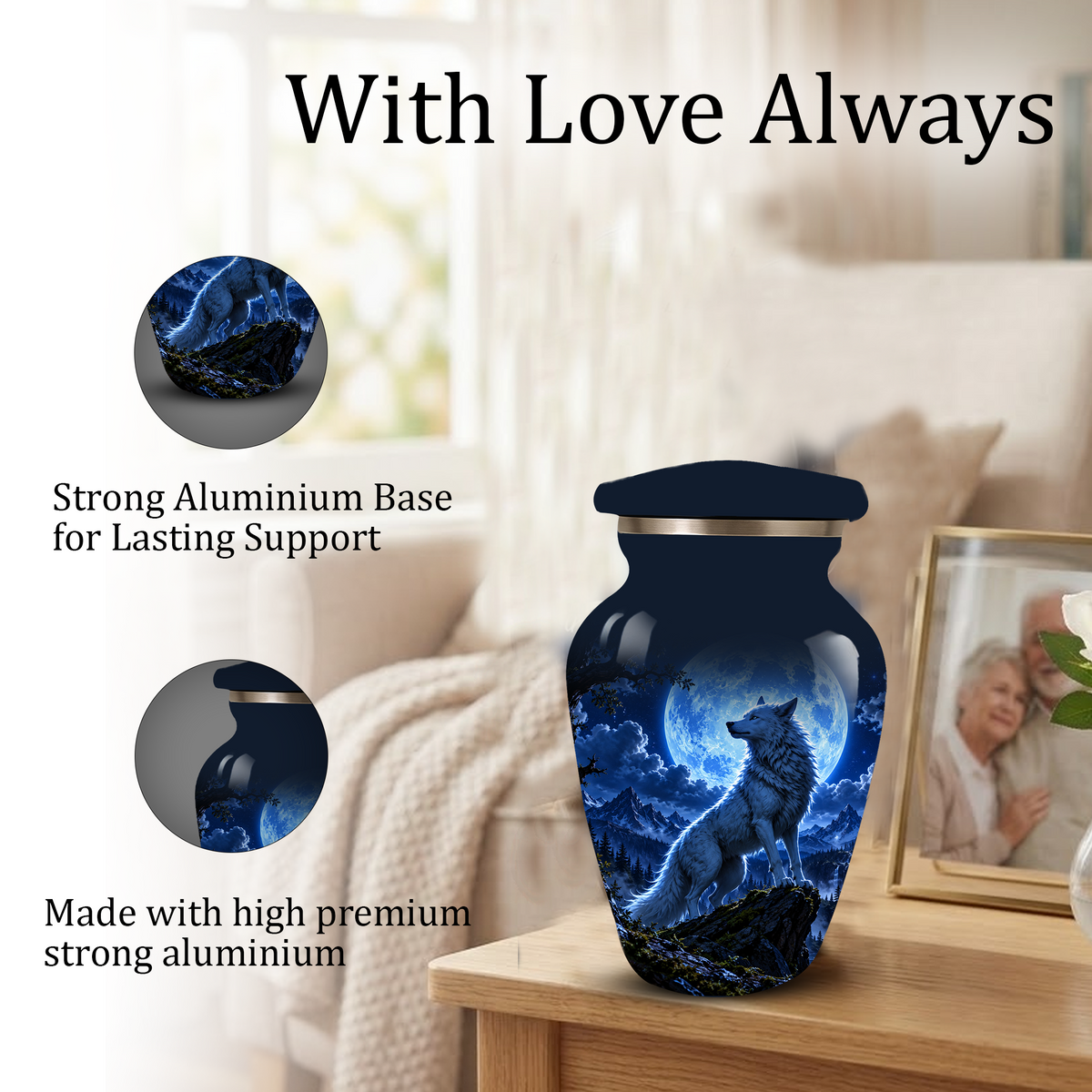 Personalized Adult Cremation Urn for Ashes, Custom Blue Wolf Moon Memorial Urn, Wildlife Cremation Urn