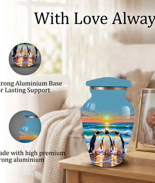 , Penguin Beach Sunset Memorial Urn, Ocean-Themed Urn for Human Ashes