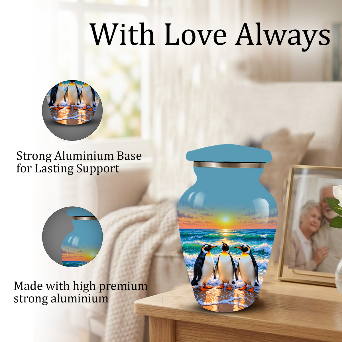 , Penguin Beach Sunset Memorial Urn, Ocean-Themed Urn for Human Ashes