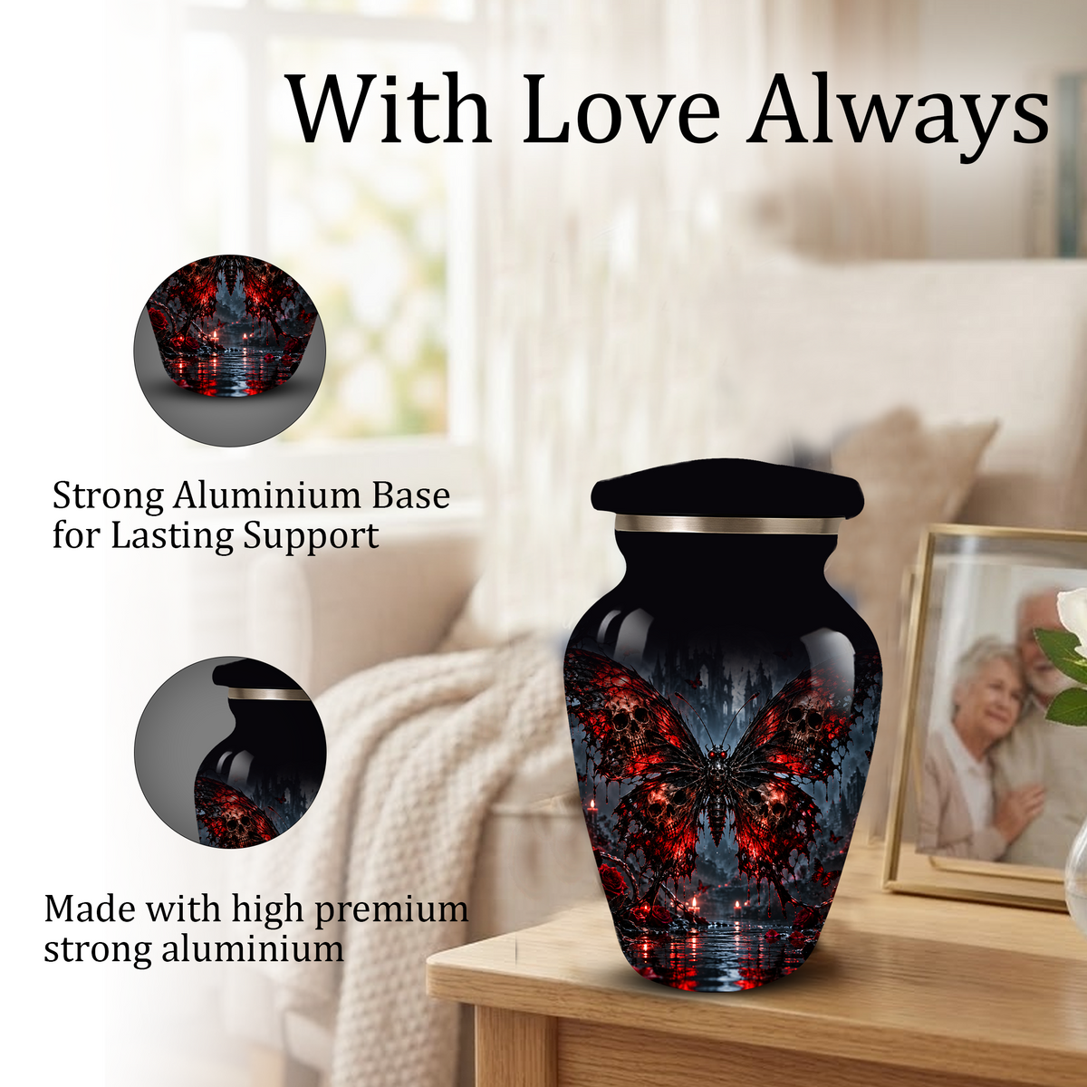 Gothic Butterfly Adult Urn for Ashes – Red & Black Skull Butterfly Cremation Urn for Adults