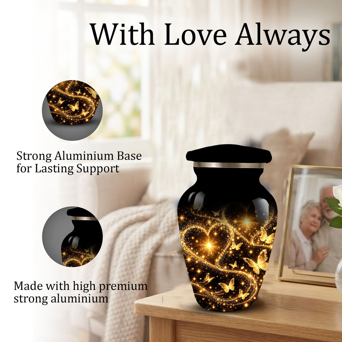 Personalized Adult Cremation Urn for Ashes, Golden Butterfly Heart Memorial Urn, Custom Adult Urn