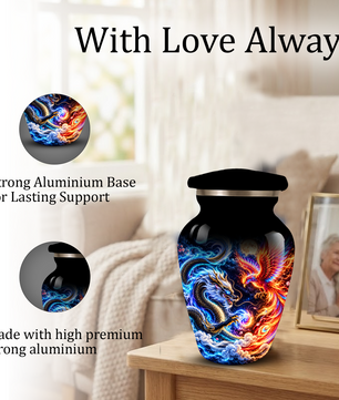 Blue Dragon and Phoenix Cremation Urn for Adult Ashes, Fantasy Bird Memorial Urn
