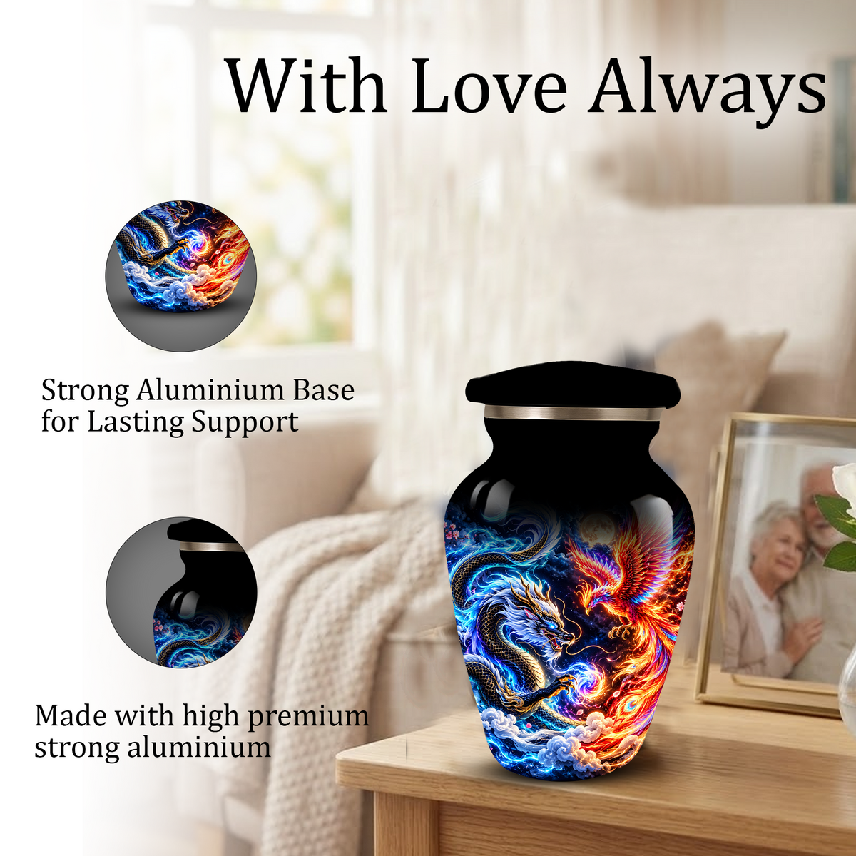 Blue Dragon and Phoenix Cremation Urn for Adult Ashes, Fantasy Bird Memorial Urn