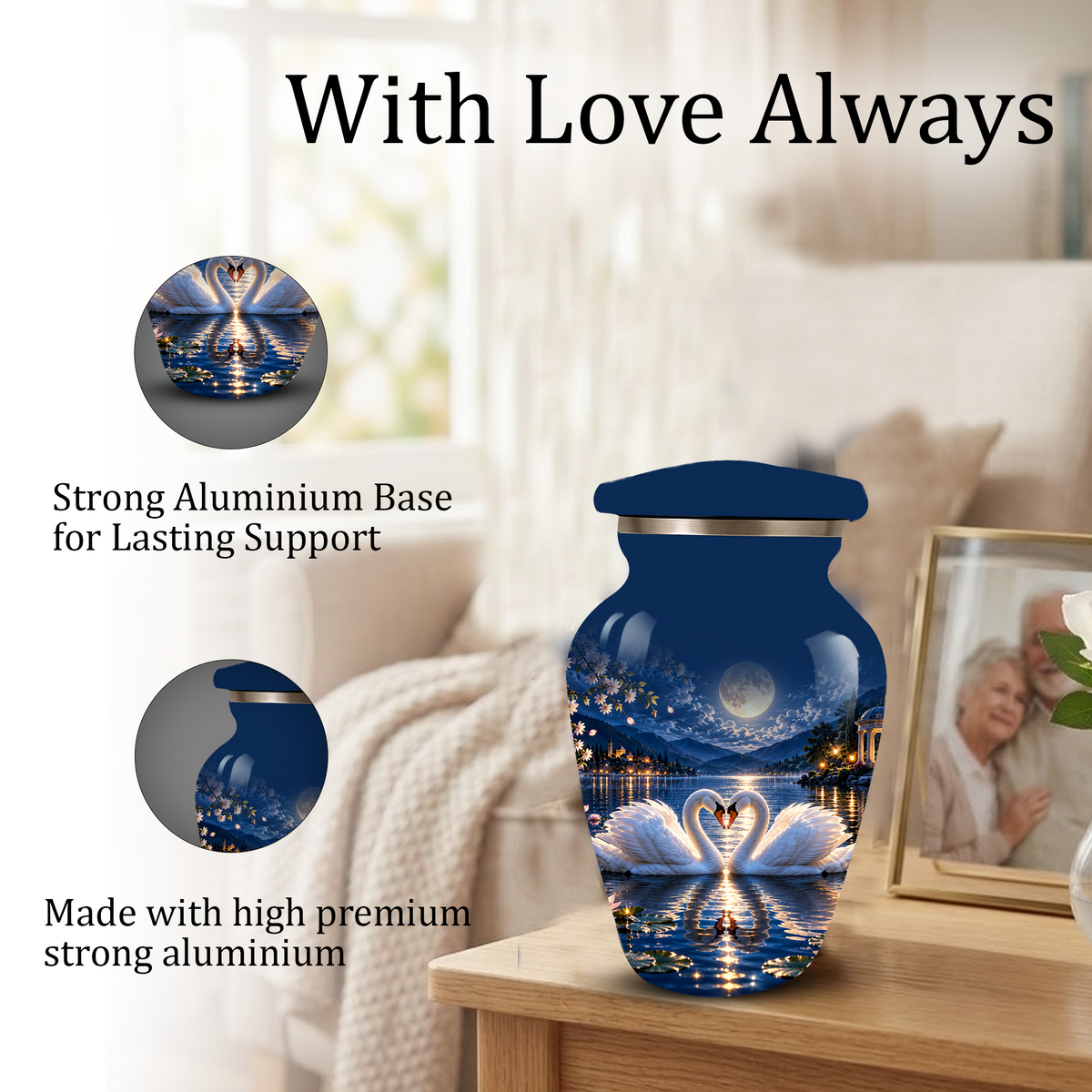 Personalized Adult Cremation Urn for Ashes, Two Swans Under the Full Moon Memorial Urn