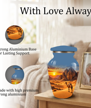 Adult Cremation Urn for Ashes, Personalized Desert Camel Aluminum Urn, Sunset Mountain Memorial Urn