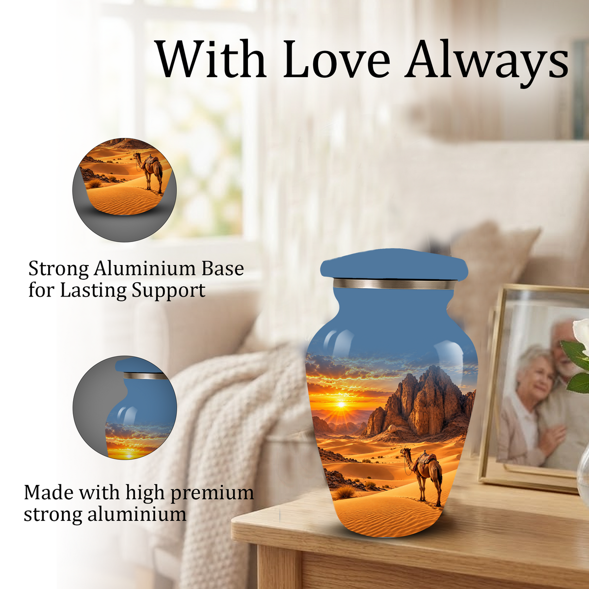 Adult Cremation Urn for Ashes, Personalized Desert Camel Aluminum Urn, Sunset Mountain Memorial Urn