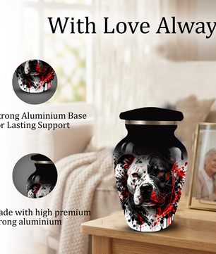 Personalized Pitbull Cremation Urn for Ashes  Black and White Pet Portrait Urn with Red Accents