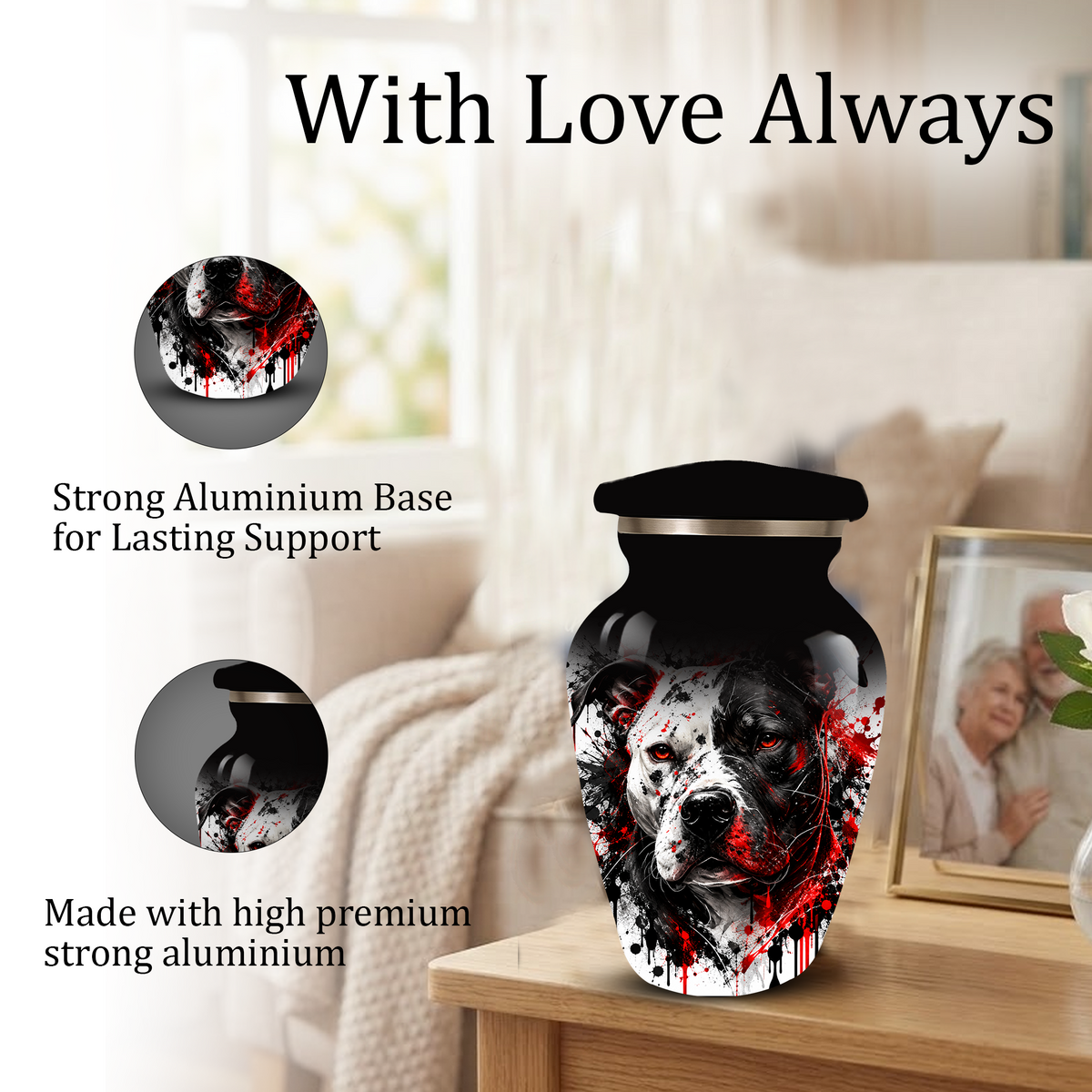 Personalized Pitbull Cremation Urn for Ashes  Black and White Pet Portrait Urn with Red Accents