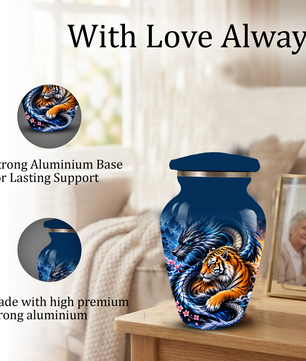 Blue Dragon and Tiger Cremation Urn for Adult Ashes, Fantasy Animal Memorial Urn