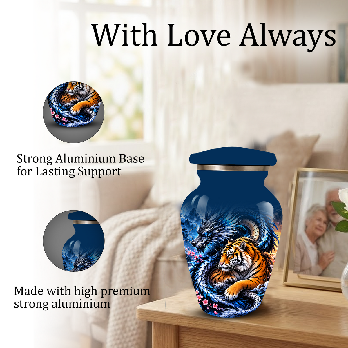 Blue Dragon and Tiger Cremation Urn for Adult Ashes, Fantasy Animal Memorial Urn