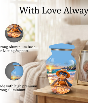 Personalized Sea Turtle Beach Aluminum Urn, Tropical Sunset Memorial Urn for Human Ashes