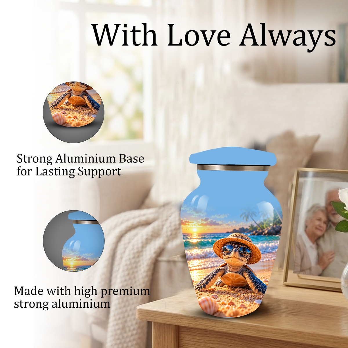 Personalized Sea Turtle Beach Aluminum Urn, Tropical Sunset Memorial Urn for Human Ashes
