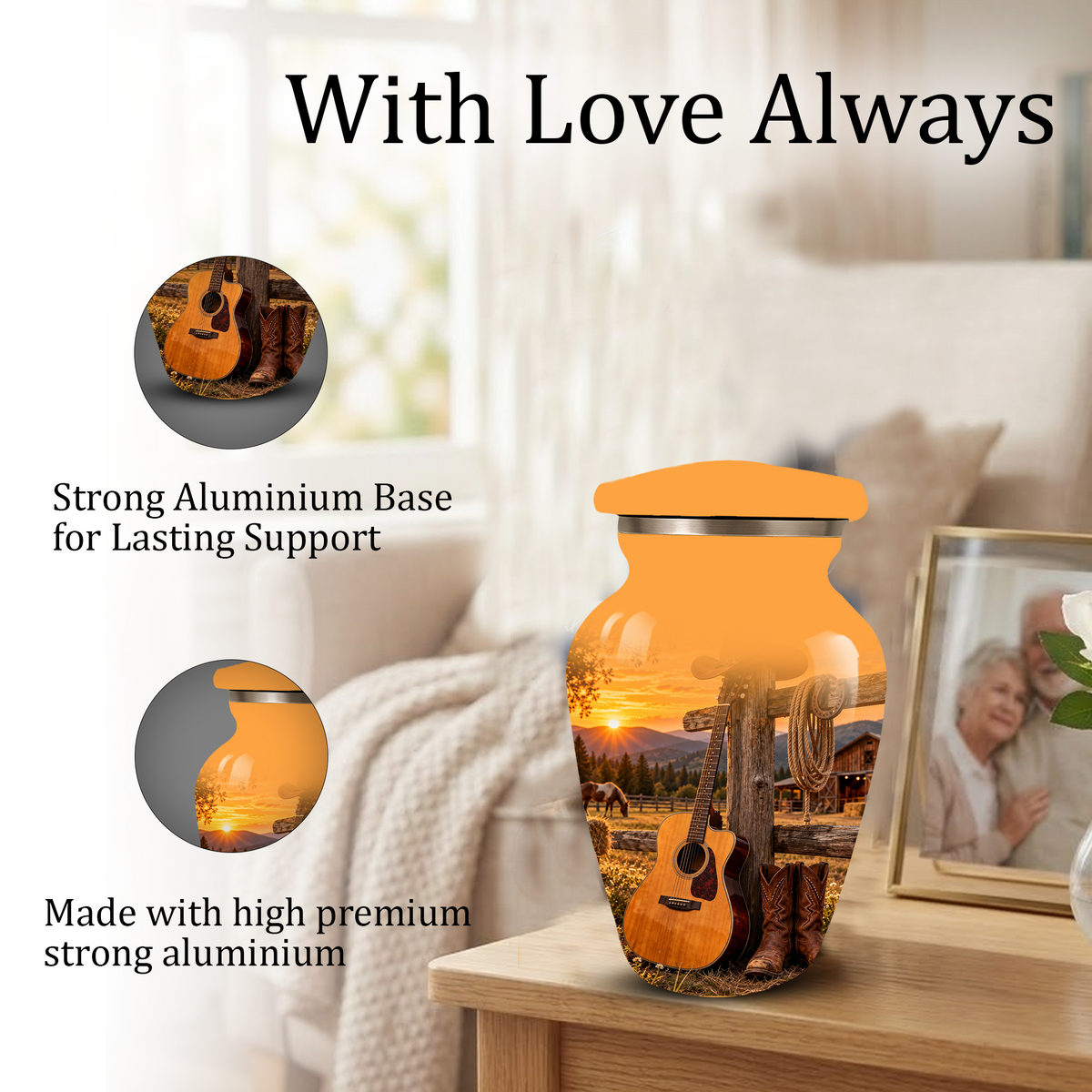Personalized Cowboy Cremation Urn for Ashes, Country Music Guitar Design, Custom Adult Urn
