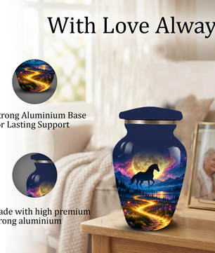 Personalized Adult Cremation Urn for Ashes, Black Horse Under Golden Moon Memorial Urn