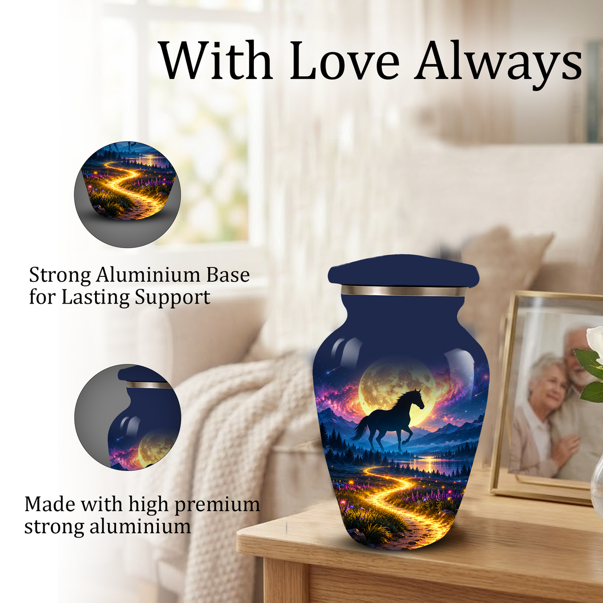 Personalized Adult Cremation Urn for Ashes, Black Horse Under Golden Moon Memorial Urn
