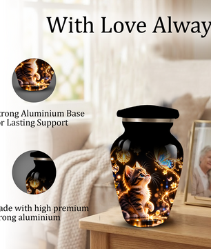 Kitten and Butterfly Cremation Urn for Adult Ashes, Personalized Cat Memorial Urn