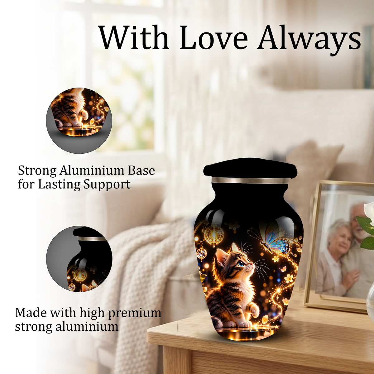 Kitten and Butterfly Cremation Urn for Adult Ashes, Personalized Cat Memorial Urn