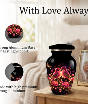 Love Birds Cremation Urn for Adult Ashes, Romantic Pink Birds and Roses Memorial Urn