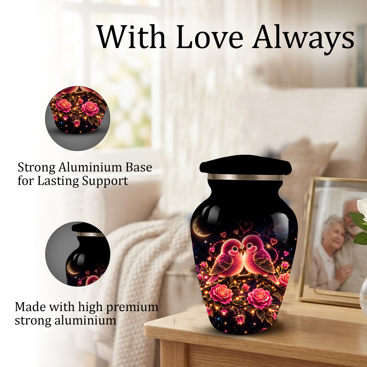 Love Birds Cremation Urn for Adult Ashes, Romantic Pink Birds and Roses Memorial Urn