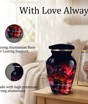 Personalized Adult Cremation Urn for Ashes, Custom Pirate Ship Red Moon Memorial Urn, Nautical Cremation Urn