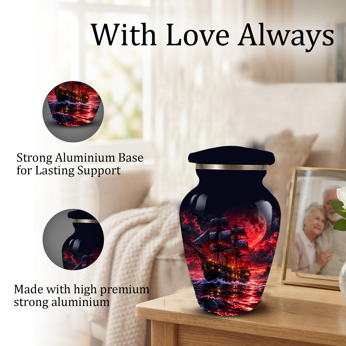 Personalized Adult Cremation Urn for Ashes, Custom Pirate Ship Red Moon Memorial Urn, Nautical Cremation Urn