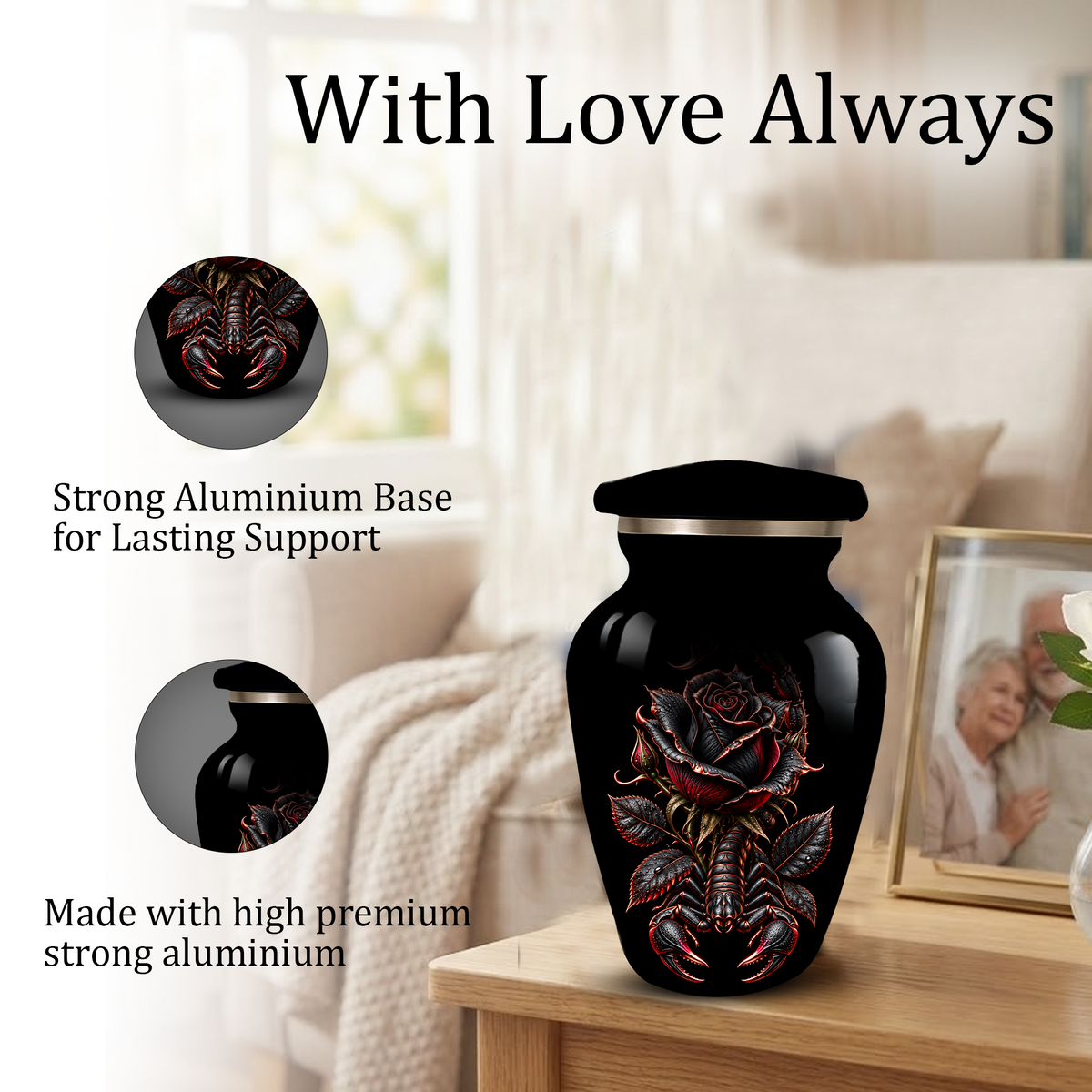 Black Rose & Scorpion Cremation Urn – Gothic Adult Memorial Urn for Ashes