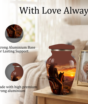 Personalized Adult Cremation Urn for Ashes, Custom Memorial Urn, Western Cowboy Horse Sunset Design