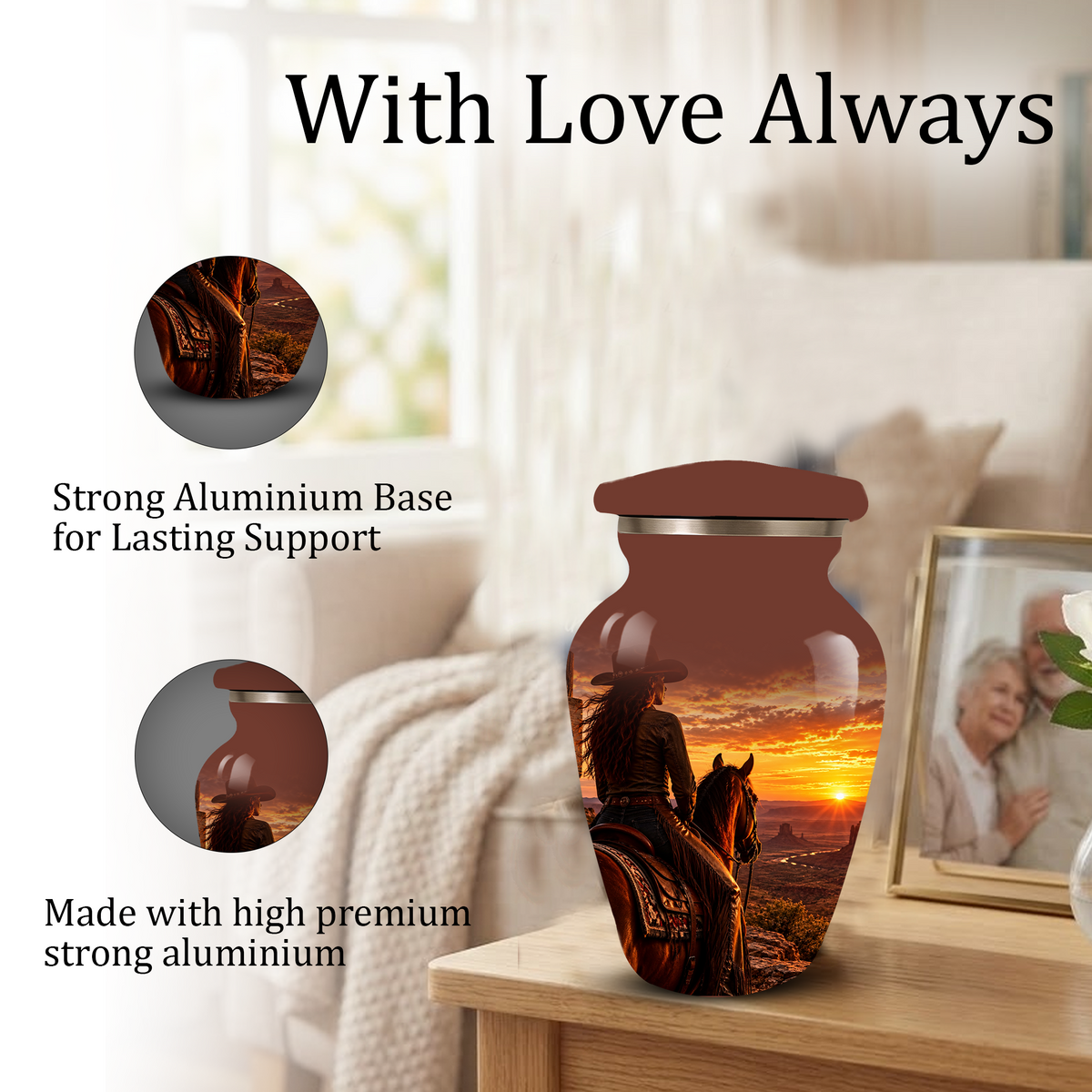 Personalized Adult Cremation Urn for Ashes, Custom Memorial Urn, Western Cowboy Horse Sunset Design