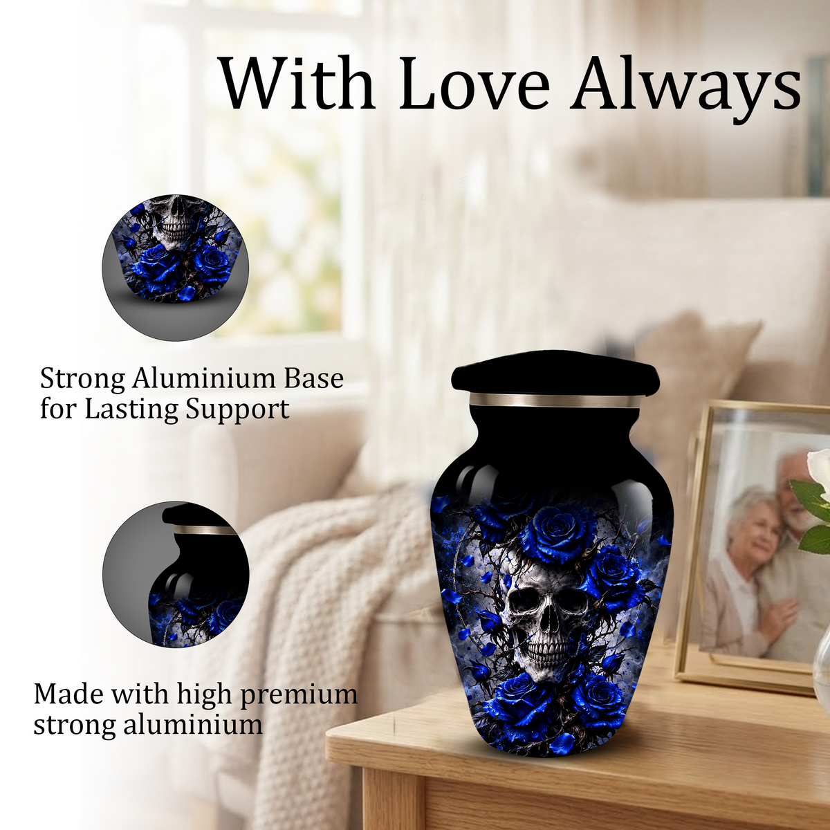 Blue Rose Skull Adult Urn for Ashes – Memorial Cremation Urn for Adults,