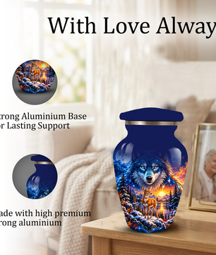 Personalized Wolf and Deer Adult Cremation Urn for Ashes, Wildlife Memorial Urn