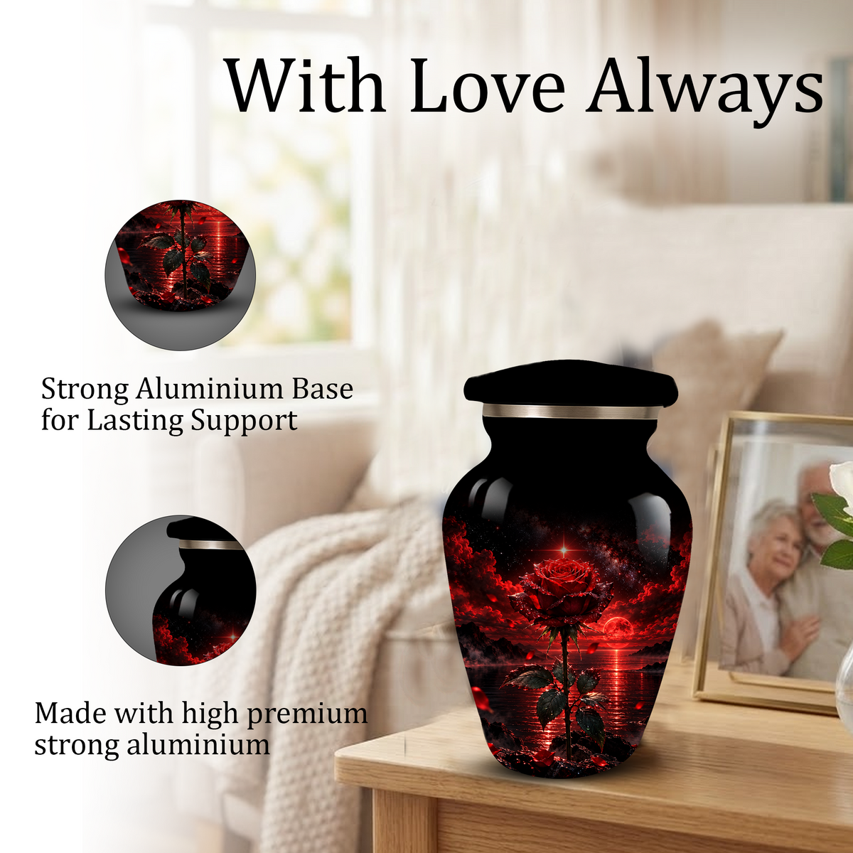 Red Rose Cremation Urn – Romantic Memorial Adult Urn for Ashes with Sunset Design