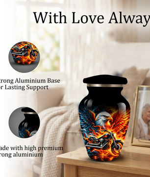 Eagle and Motorcycle Cremation Urn for Adult Ashes, Fiery Phoenix Eagle Biker Urn for Human Ashes