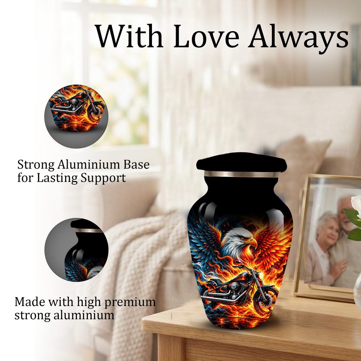 Eagle and Motorcycle Cremation Urn for Adult Ashes, Fiery Phoenix Eagle Biker Urn for Human Ashes