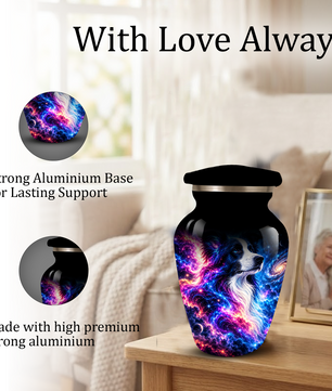 Cosmic Border Collie Cremation Urn for Adult Ashes, Black and White Dog Memorial Urn with Glowing Blue Pink Galaxy and Celestial Stars Artwork
