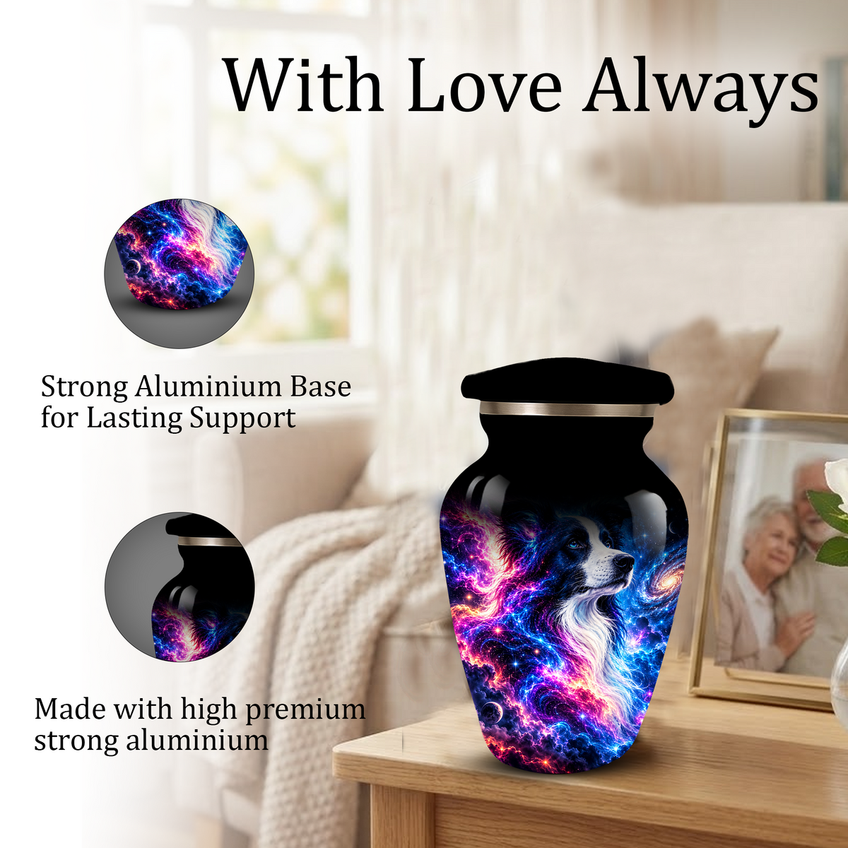Cosmic Border Collie Cremation Urn for Adult Ashes, Black and White Dog Memorial Urn with Glowing Blue Pink Galaxy and Celestial Stars Artwork