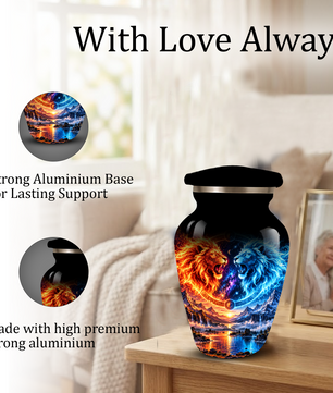Personalized Adult Cremation Urn for Ashes, Fire and Ice Twin Lion Memorial Urn