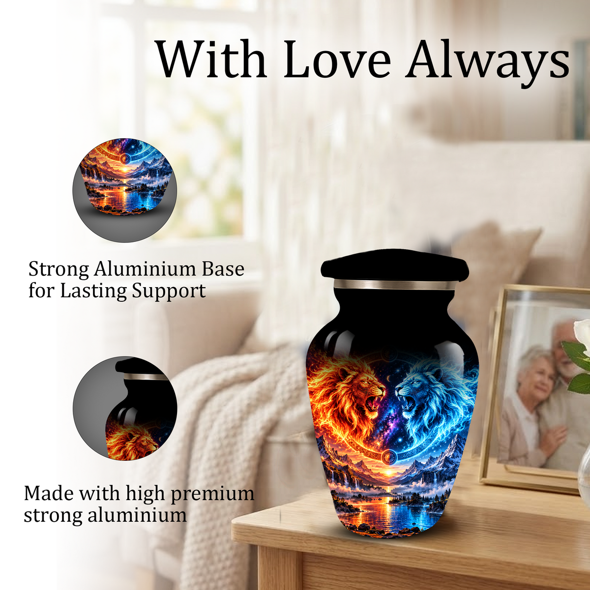 Personalized Adult Cremation Urn for Ashes, Fire and Ice Twin Lion Memorial Urn