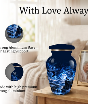 Personalized Adult Cremation Urn for Ashes, Blue Lightning Wolf Memorial Urn, Custom Wolf Howling at Moon Urn