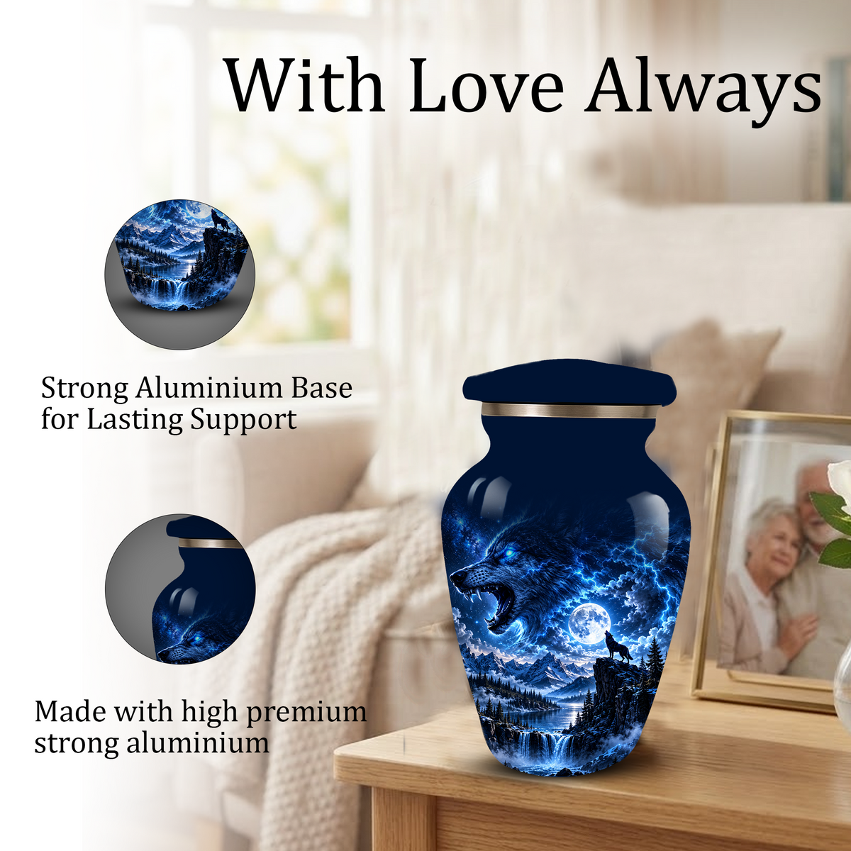 Personalized Adult Cremation Urn for Ashes, Blue Lightning Wolf Memorial Urn, Custom Wolf Howling at Moon Urn