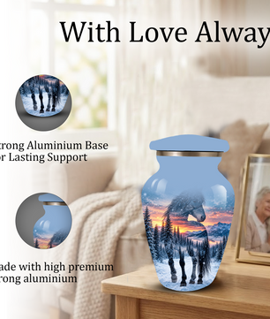 Snowy Horse Cremation Urn for Adult Ashes, Black Horse in Winter Forest Memorial Urn, Personalized Urn for Human Ashes